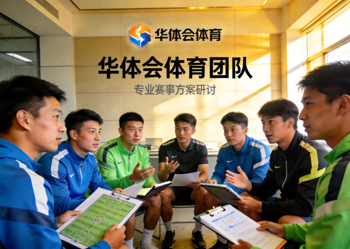华体会体育团队——一群充满活力的体育专业人士围在一起讨论赛事方案，展现团队协作与专业精神